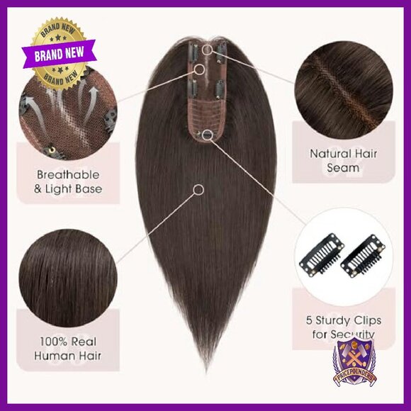 Human Hair Topper 10 Inch No Bangs 2.25x6 Silk Base 5 Clips